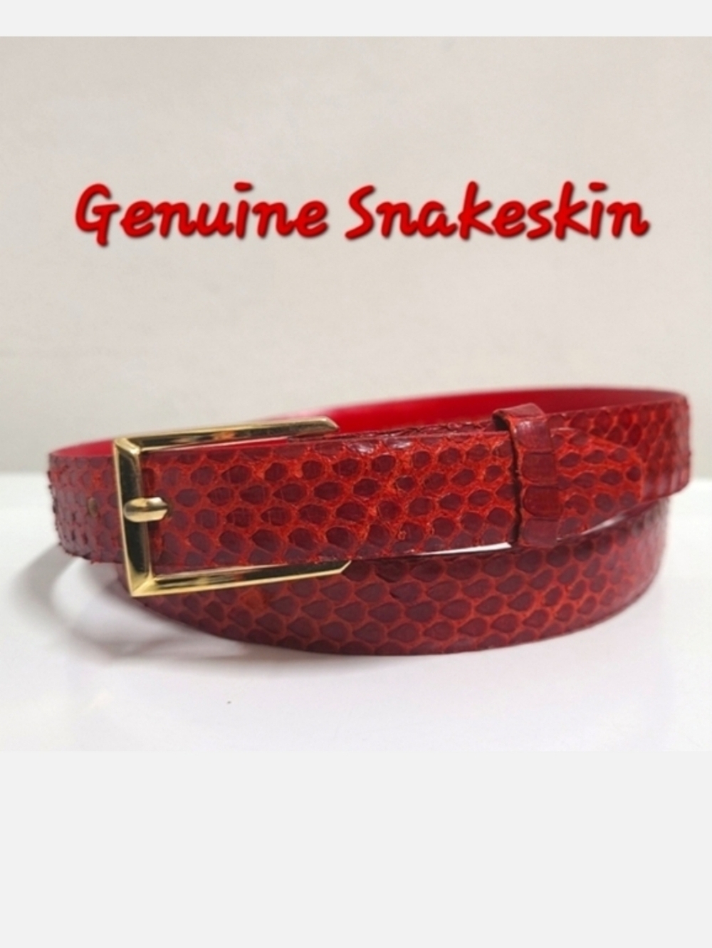 Genuine Snakeskin Ruby Red ¾" Skinny Belt with Square Goldtone Buckle M 28"-30"